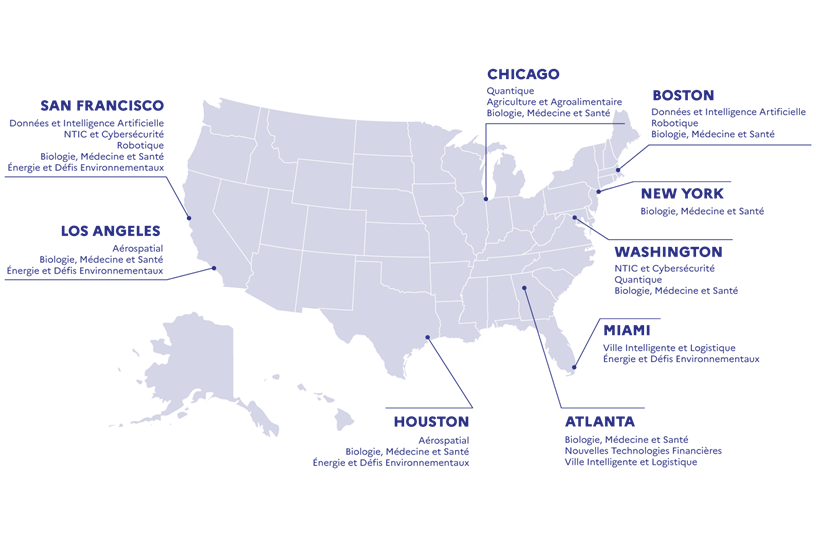 Carte des 9 écosystèmes proposés pour l’immersion des startups aux Etats-Unis selon les compétences thématiques retenues