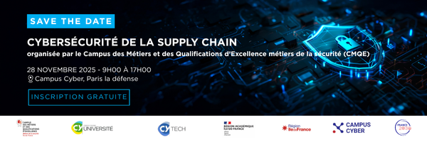 Visuel de l'affiche de l'événement au Campus Cyber du CMQE avec le descriptif de l'événement, la date et les partenaires