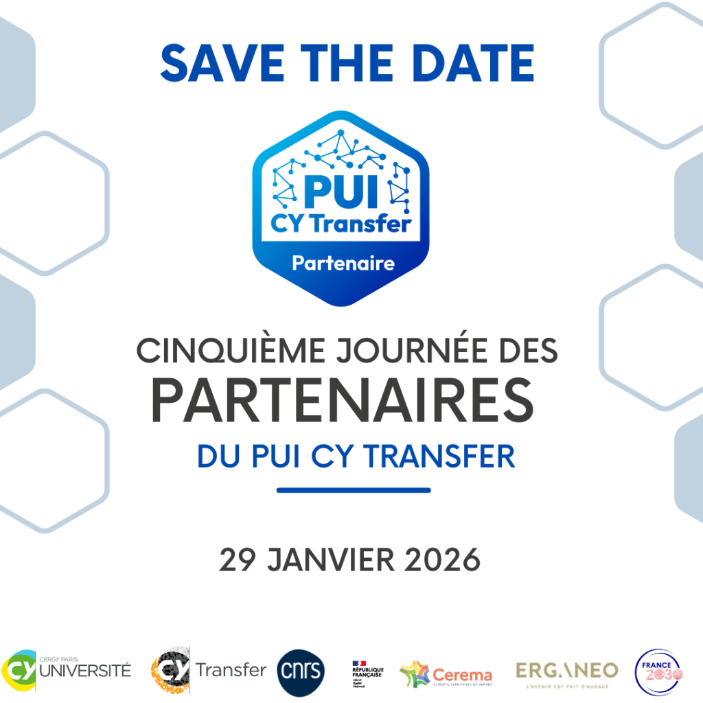 Visuel SAVE THE DATE de la 5e journée des partenaires du PUI CY Transfer, annonçant l date du 29 janvier 2026 et les logos des membres fondateurs du PUI